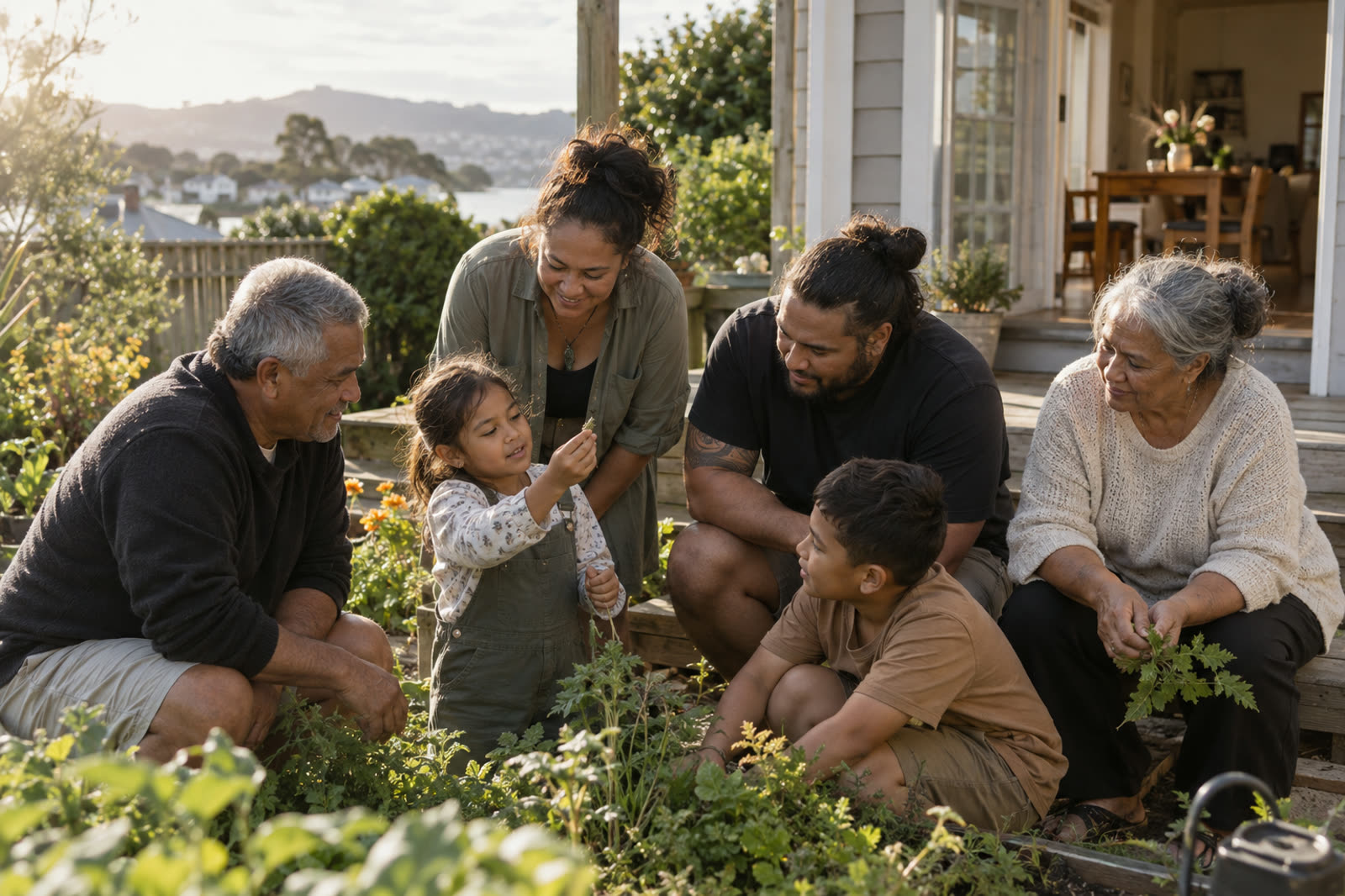 A family of all ages crouched together in a home garden, looking closely at the plants a child is holding