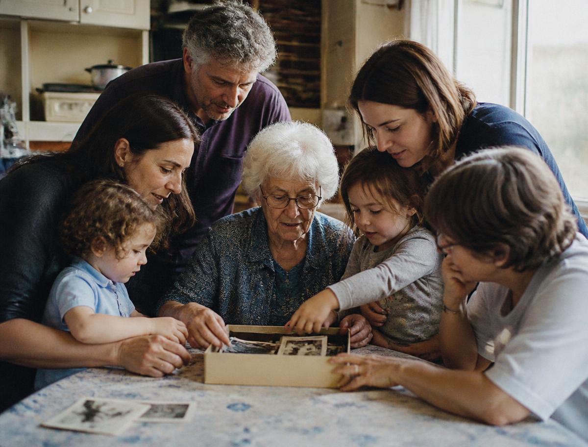 A family of several generations looking through a box of old photographs at a kitchen table
