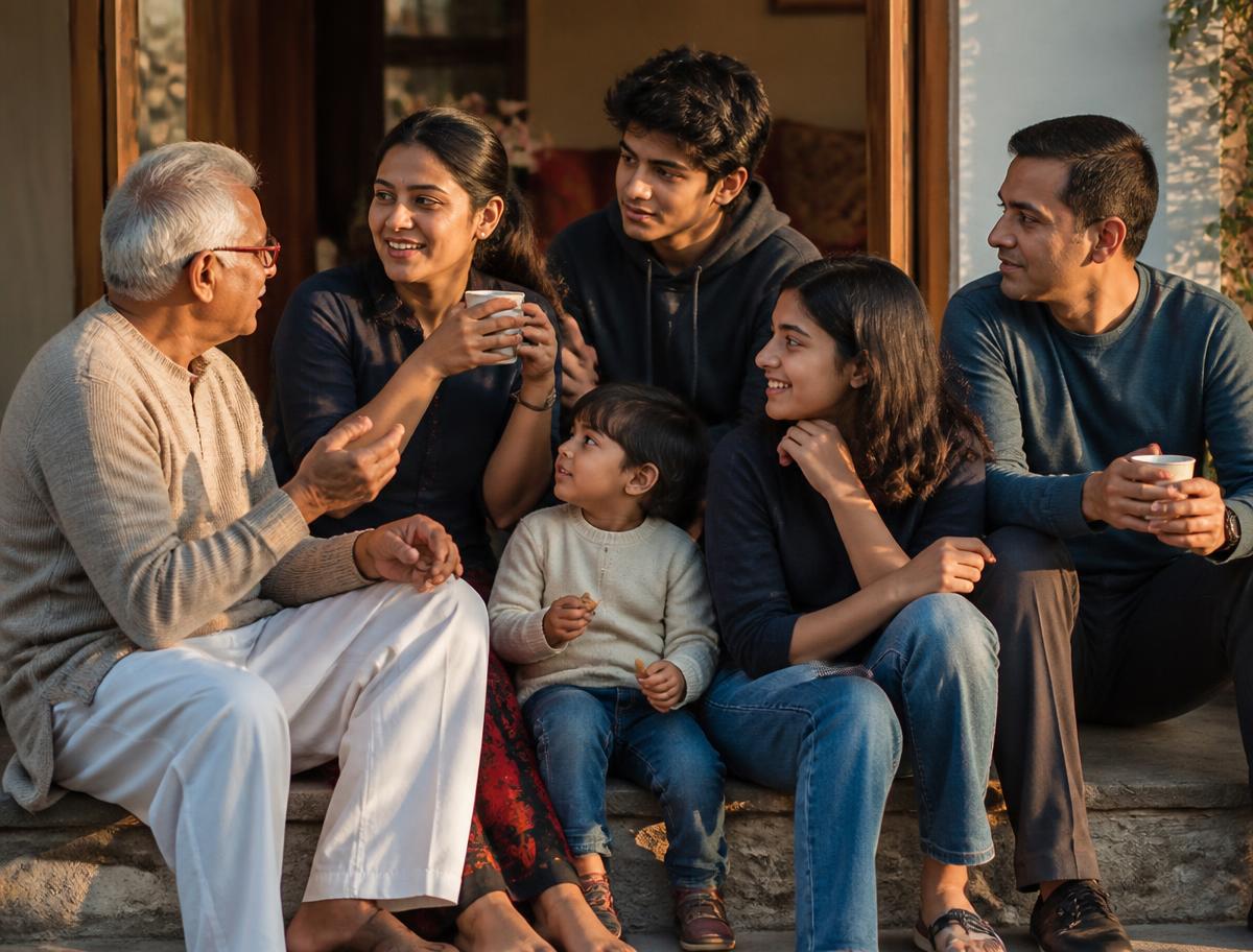A family of three generations sitting together on their front steps, talking over tea