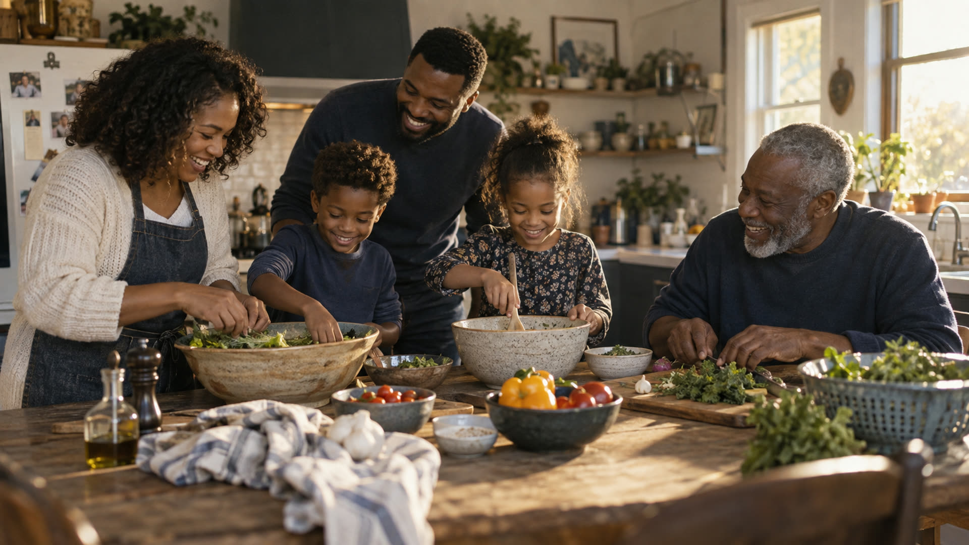 Three generations of a family cooking a meal together around a kitchen table in warm afternoon light