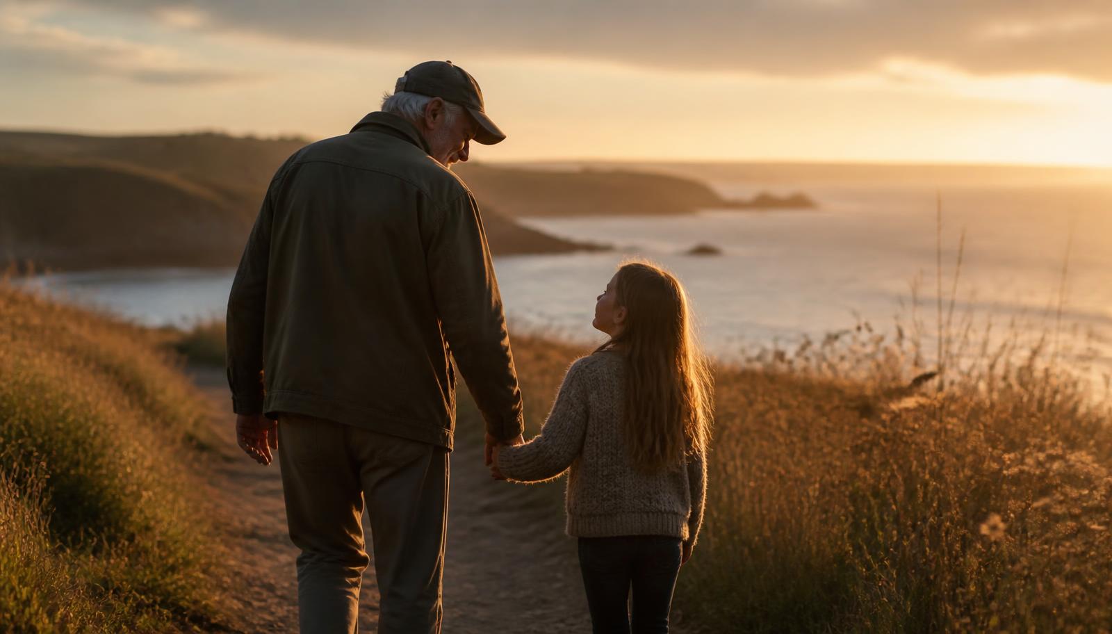 A grandfather and his granddaughter walking a coastal path at golden hour